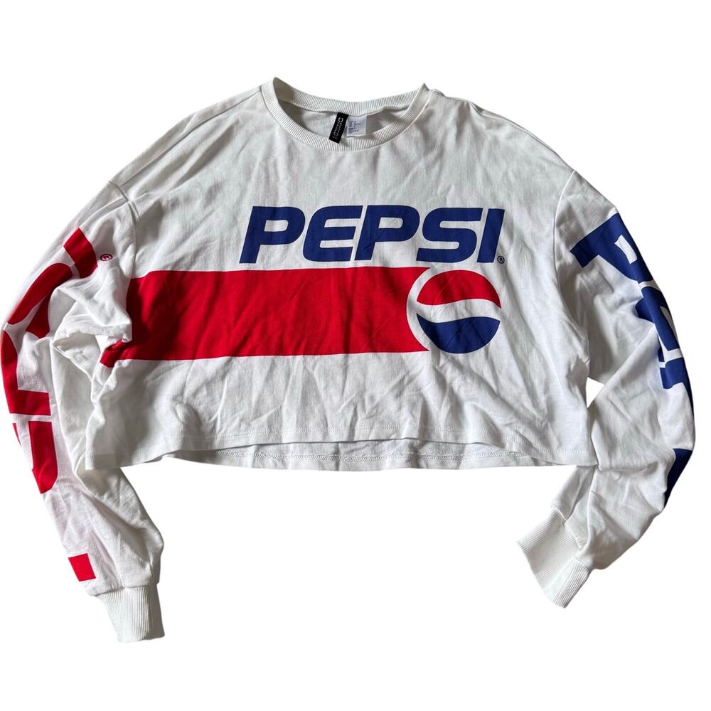 H&M Divided Pepsi Long Sleeve White Crop Top T-Shirt Women Medium 100% Cotton